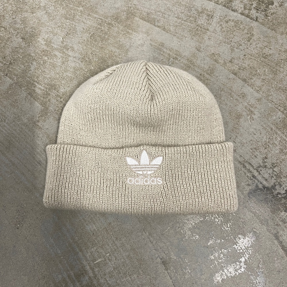 Adidas Originals Trefoil Beanie Beige Tan Cuffed Knit Hat Embroidered Logo